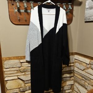 Falls Creek Black and White Very Long Open Front Sweater Size 1X